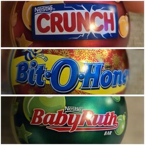 RARE Nestlé Crunch/Bit O Honey/Baby Ruth CHRISTMAS METAL BALL Ornaments. Novelty